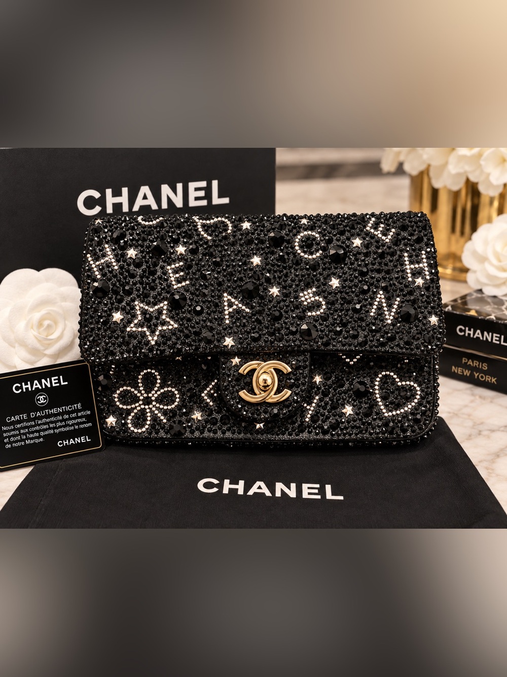 Black EXCELLENT QUALITY Crystal-Embellished Flap Bag with Gold CC Turnlock